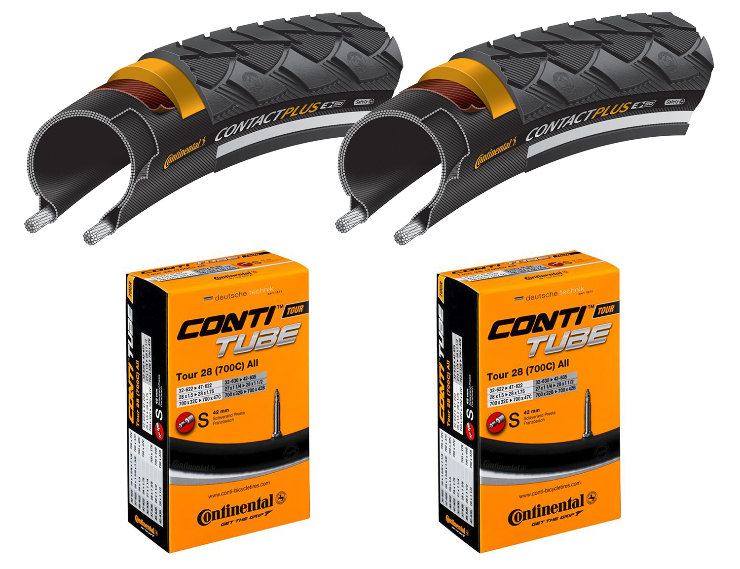 2 Dæk + 2 Slanger Continental Contact Plus 700x42 (42-622) Refleks racer ventil