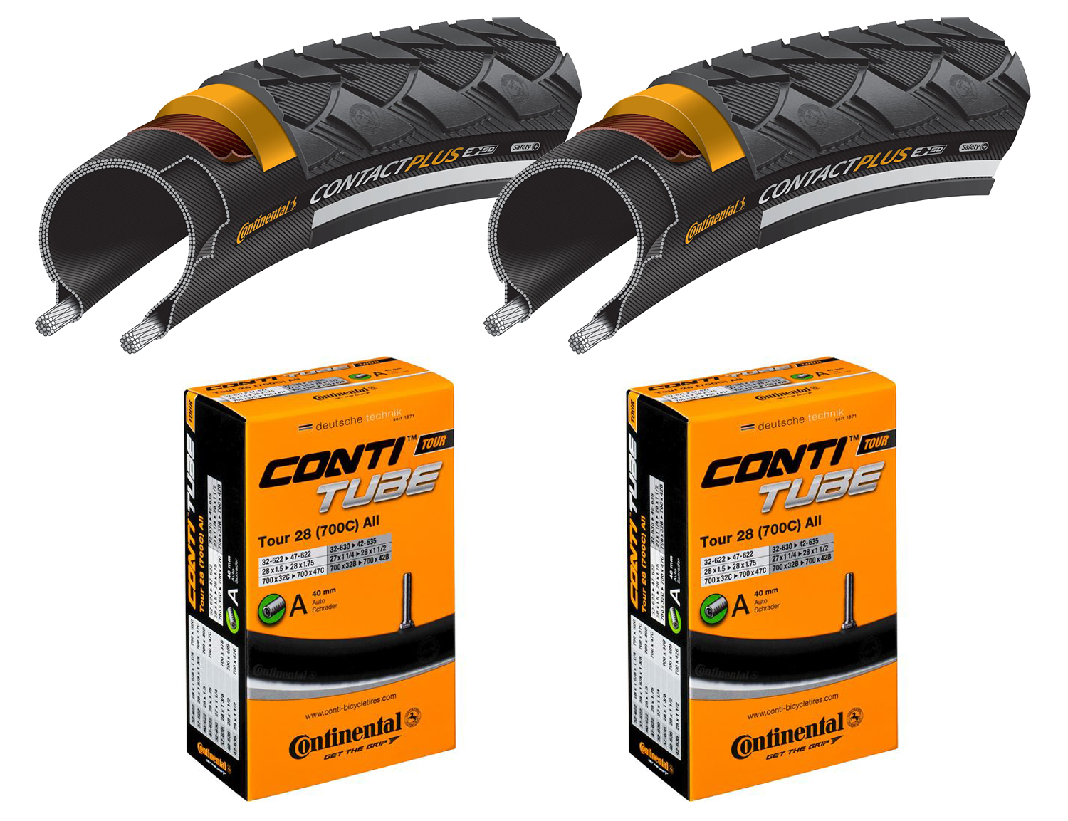 2 Dæk + 2 Slanger Continental Contact Plus 700x35C Refleks auto ventil