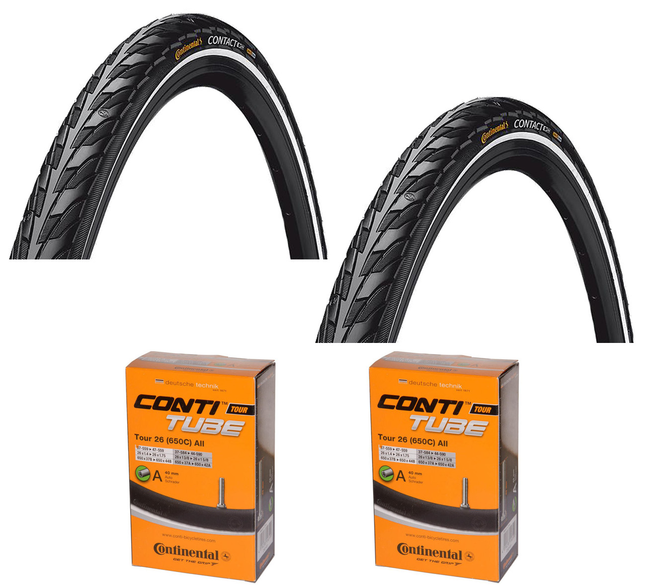 2 Dæk + 2 Slanger Continental Contact 26" x 1.75 (47-559) med refleks, auto ventil