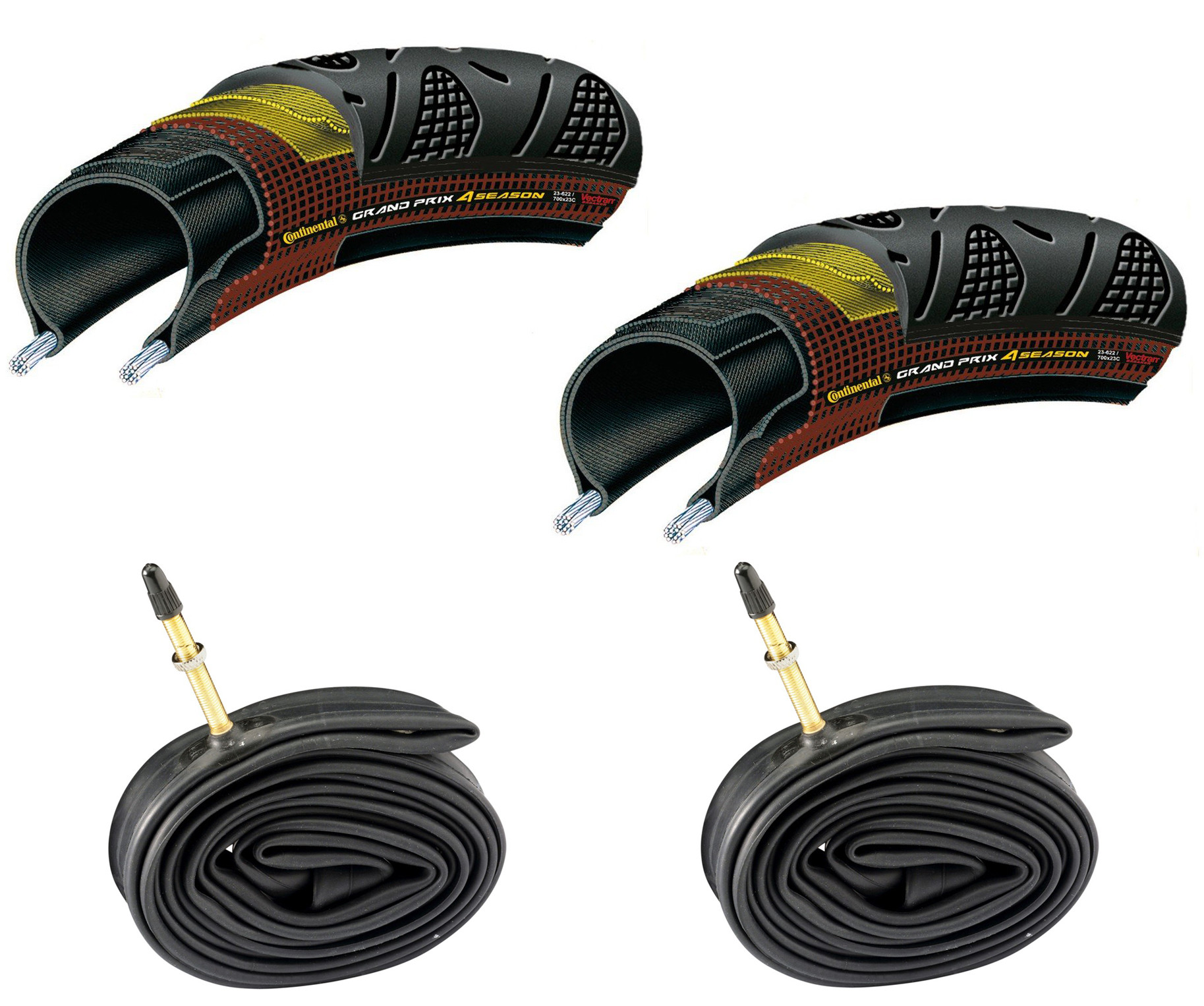 2 Dæk + 2 Slanger Continental Grand Prix 4 Season 700x23 48mm Racer Ventil