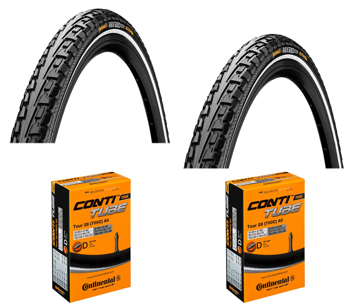 2 Dæk + 2 Slanger Continental Ride Tour Sort 700x35C (37-622) Refleks dunlop ventil