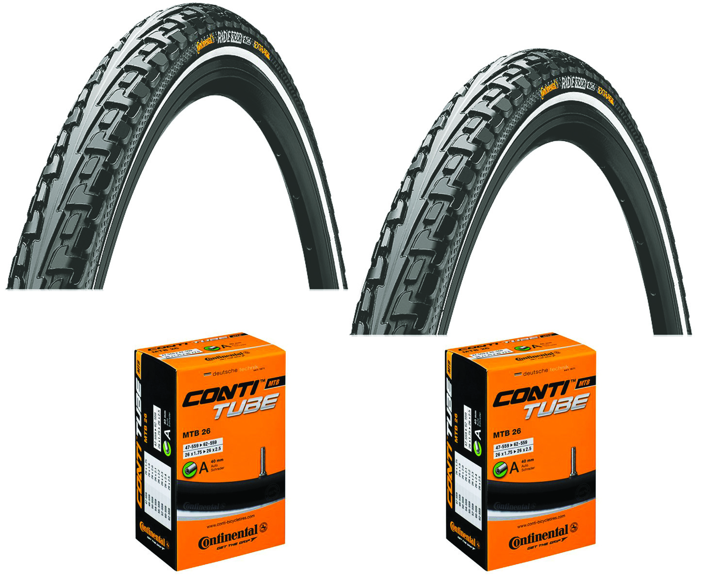 2 Dæk + 2 Slanger Continental Ride Tour 26 x 1.75 (47-559) med refleks auto ventil