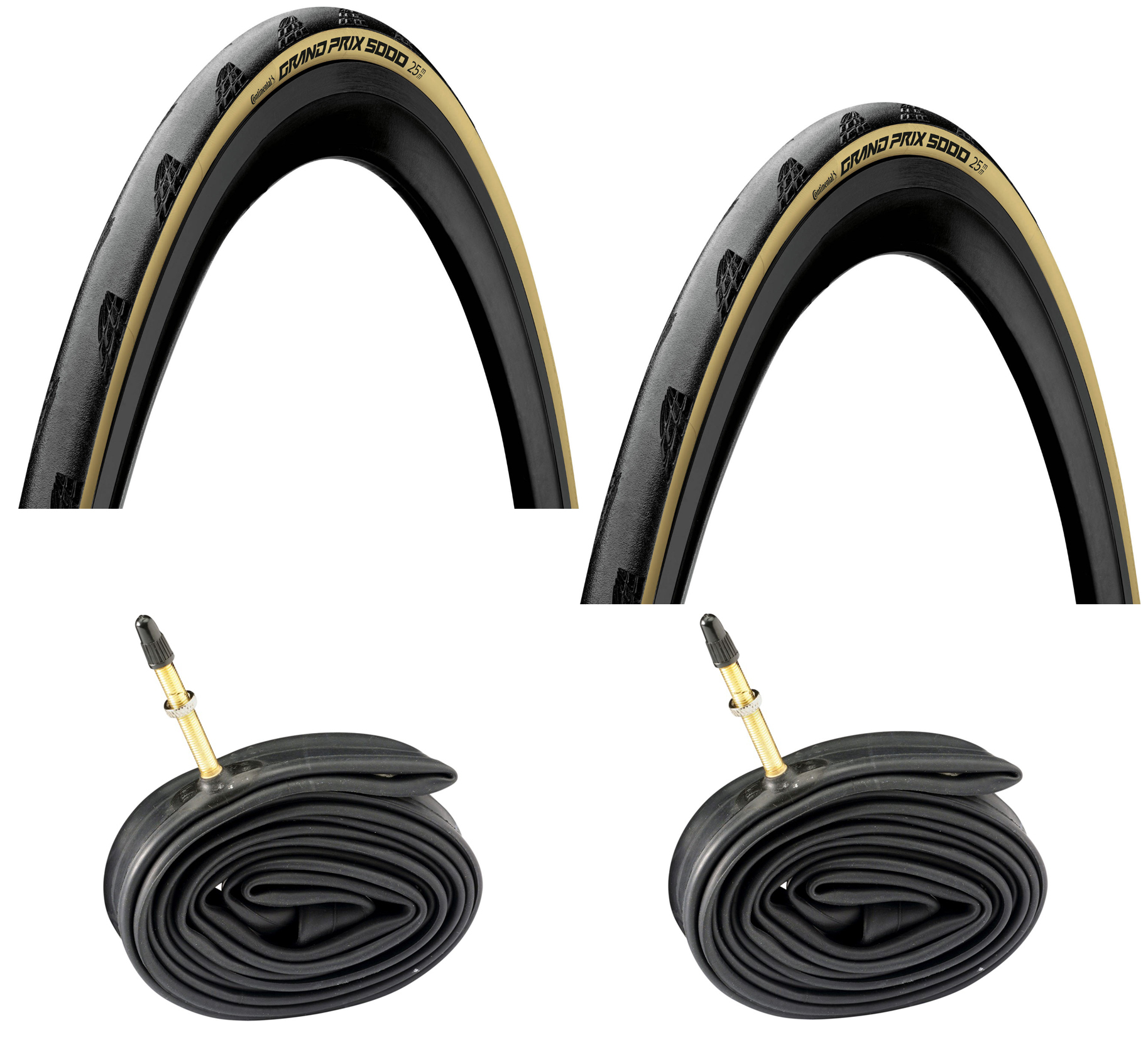 2 Dæk + 2 Slanger Continental Grand Prix 5000 700x25C Lyse dæksider 48mm Racer Ventil