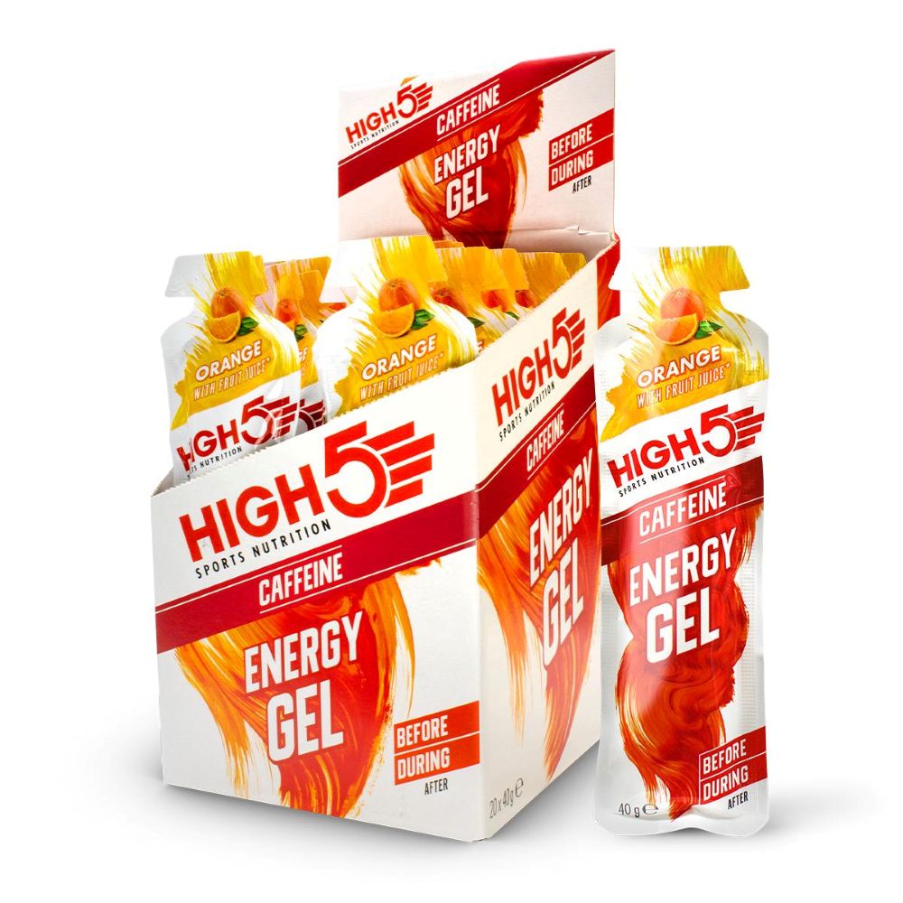 High5 EnergyGel+ Appelsin 40 gram koffein. Bedst før 31/7-2026. 20 stk.