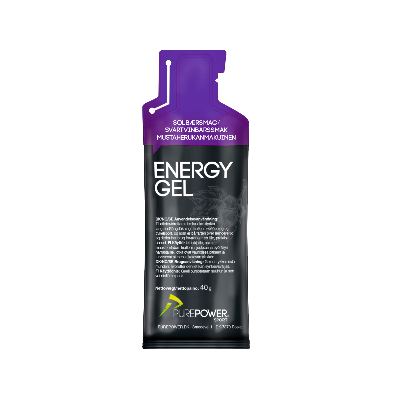 Purepower Energi Gel Blackcurrant - 32g til Løbere & Triatleter | Hurtig Energi & Smagfuld