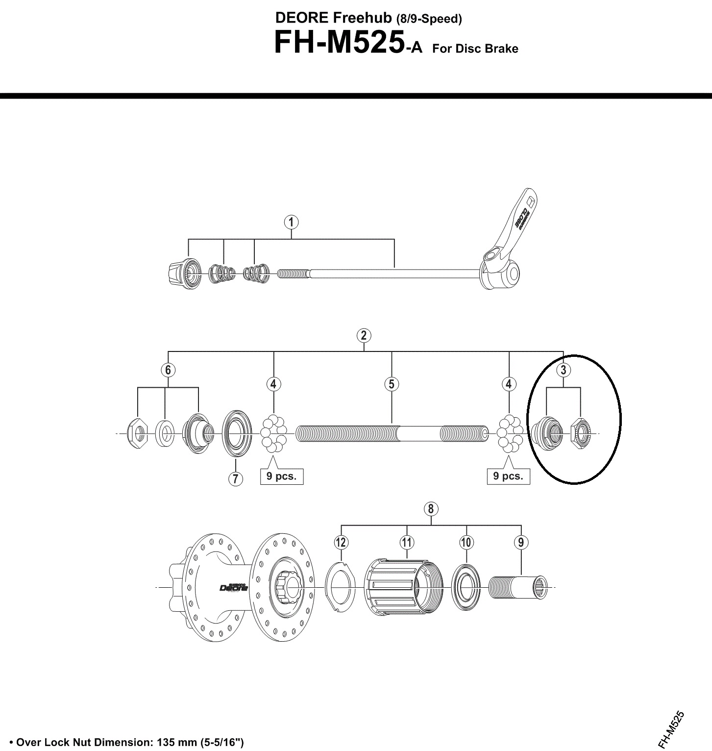 Shimano Deore - Konus og møtrik højre til bagnav model FH-M525 med flere