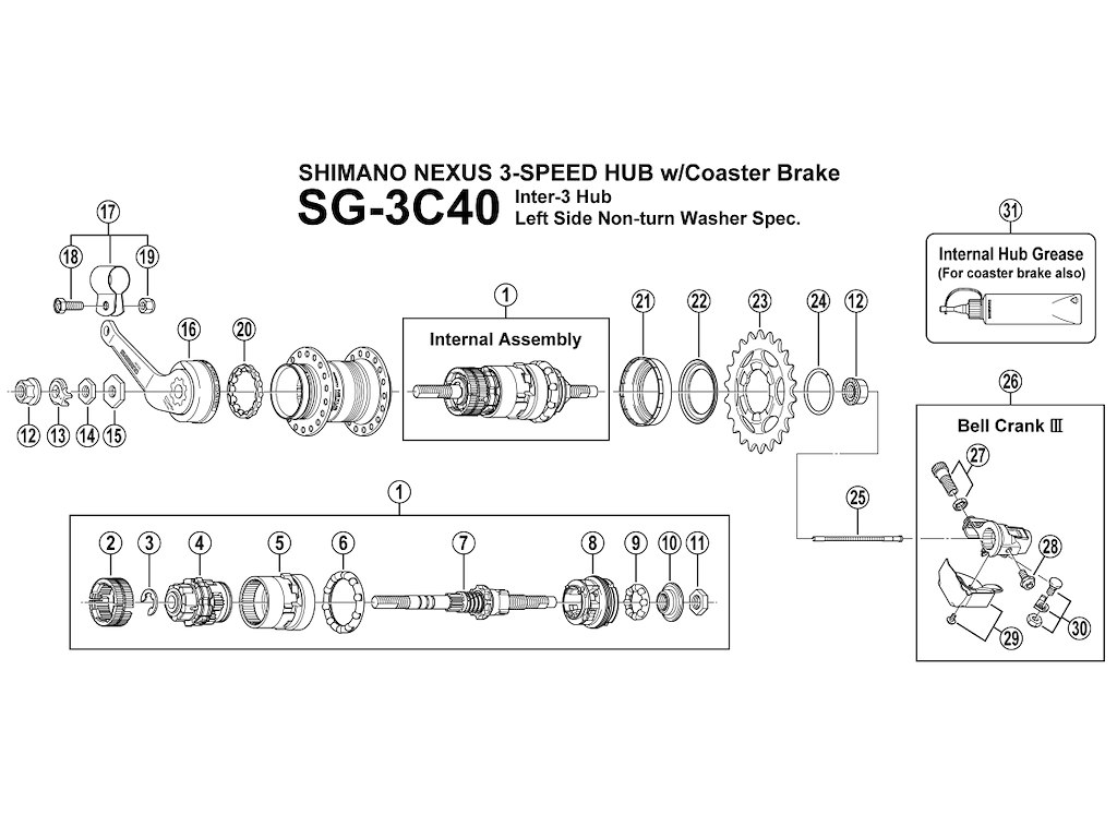 Shimano Nexus 3 kabelbolt og møtrik ved gearklokke SG-3C40