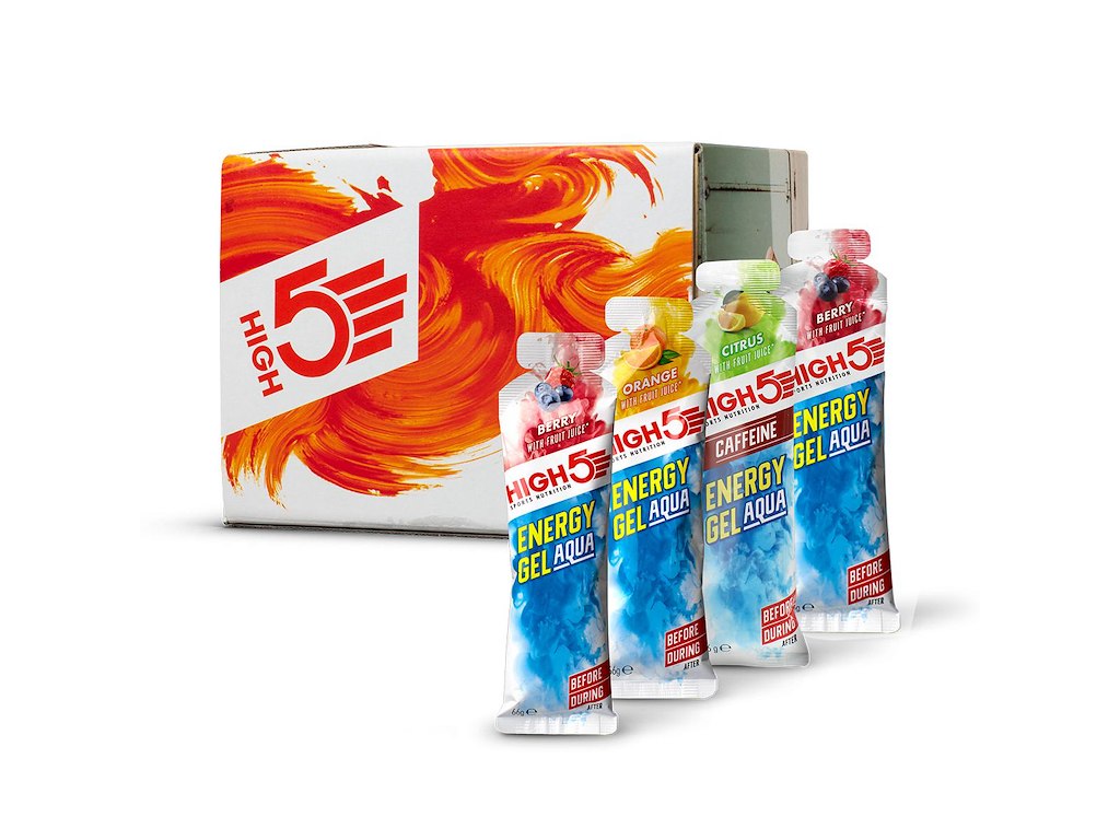 High5 Energy AQUA Gels mixed boks med 18 stk. Energy AQUA Gels 6 x Berry, 6 x Orange 6 x Citrus Caffein